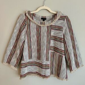 Current Air Anthropologie Woven Striped Fringe Shirt 3/4 Sleeves Size Medium